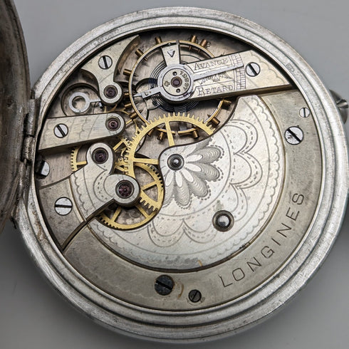 1908年頃 アンティーク ロンジン 懐中時計 純銀オープンフェース 動作良好